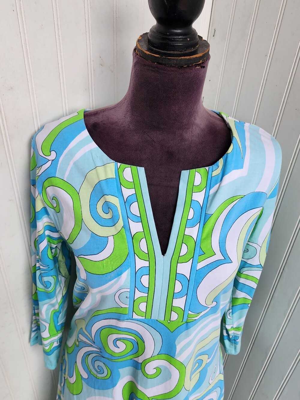 Barbara Gerwit Knit V Neck long sleeve Blue Green Geometric Dress Cotton Women L - Picture 6 of 14